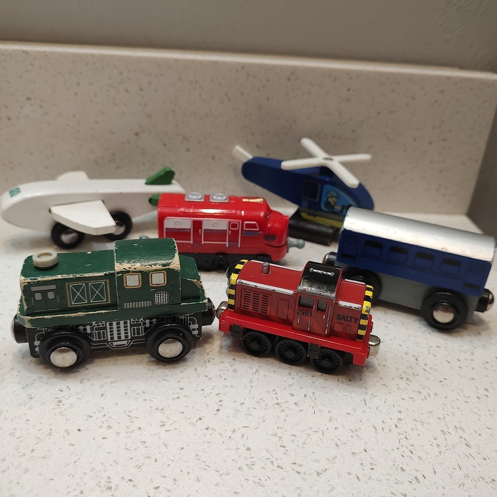 Wooden/Metal Train Vintage Mixed‎ Lot 6 Vehicle Plane Helicopter Salty Wilson